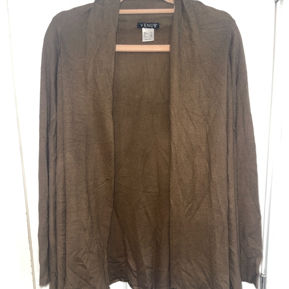VENUS Brown Fringe Open-Front Sweater